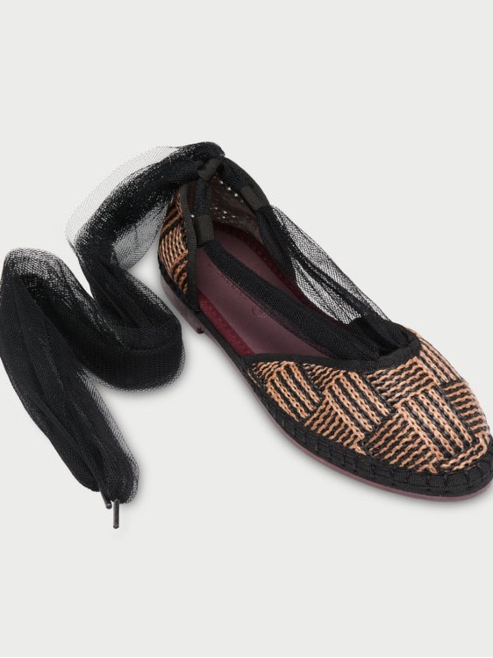 Woven Ballet Flat with Black Ankle Tie - Black & Tan